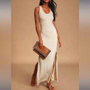 Lulu’s Relaxed but Not Least Beige Ribbed Sleeveless Maxi Dress Sz XS
